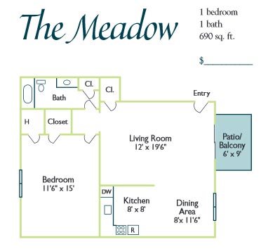 Floor plan for 1 bed, 1 bath, 690 sqft